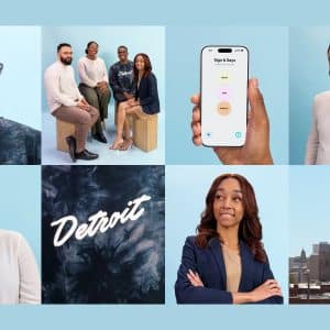 A collage with portraits of diverse people, a group sitting together, a hand holding a phone featuring app development, the word "Detroit" on fabric, and a cityscape of downtown Detroit under a blue sky.