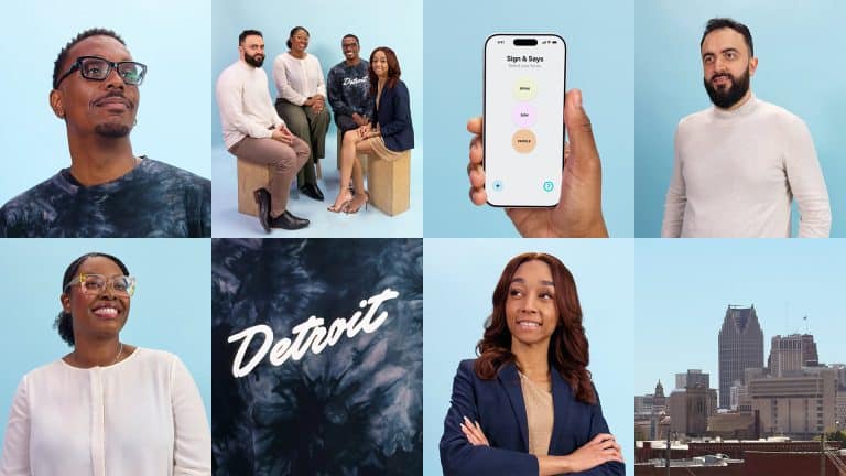 A collage with portraits of diverse people, a group sitting together, a hand holding a phone featuring app development, the word "Detroit" on fabric, and a cityscape of downtown Detroit under a blue sky.