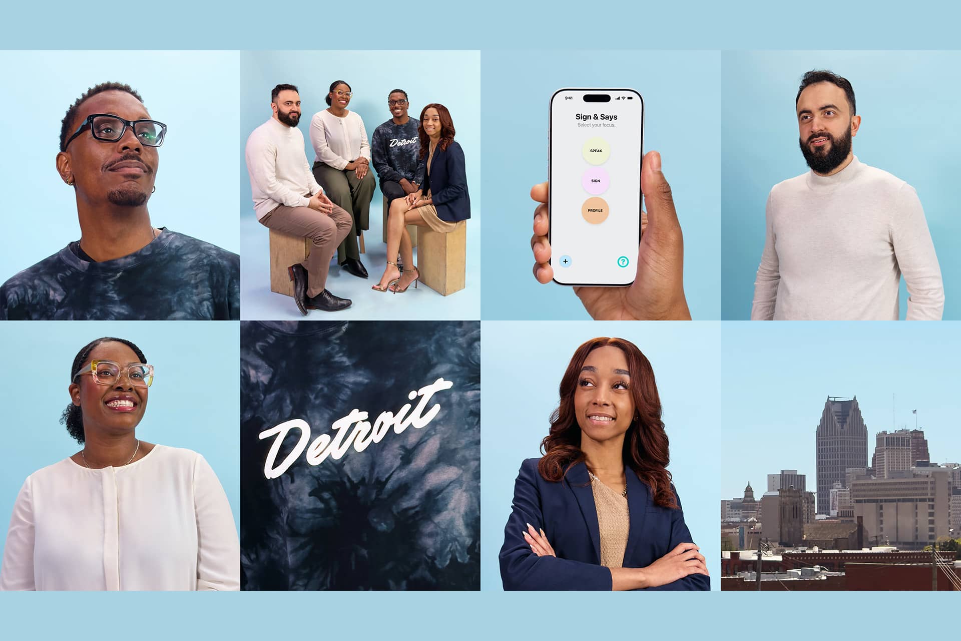 A collage with portraits of diverse people, a group sitting together, a hand holding a phone featuring app development, the word "Detroit" on fabric, and a cityscape of downtown Detroit under a blue sky.