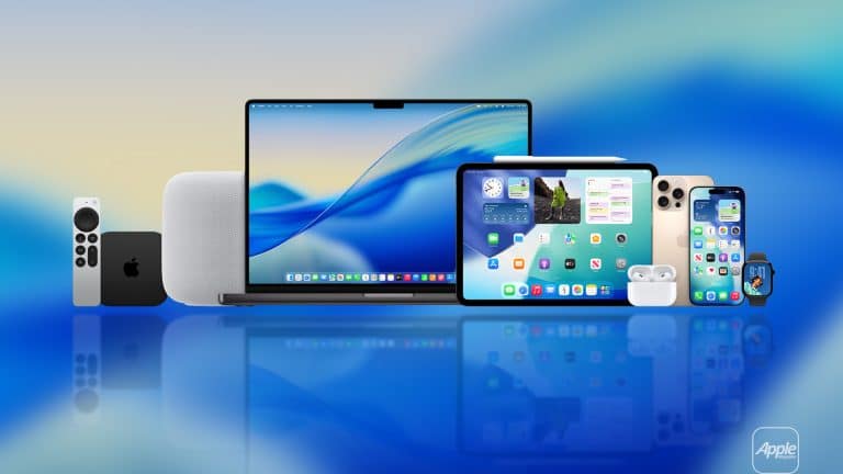A group of Apple devices on a blue gradient background—MacBook, iPad, iPhone, Apple Watch, AirPods, HomePod, Apple TV remote and box—showcasing Apple's innovation and readiness for Apple beta testing. An Apple logo sits in the corner.