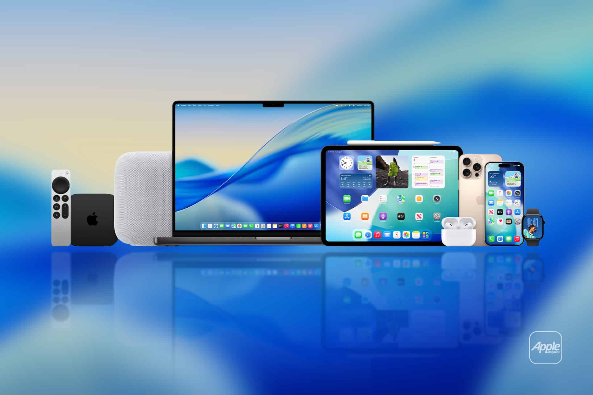 A group of Apple devices on a blue gradient background—MacBook, iPad, iPhone, Apple Watch, AirPods, HomePod, Apple TV remote and box—showcasing Apple's innovation and readiness for Apple beta testing. An Apple logo sits in the corner.