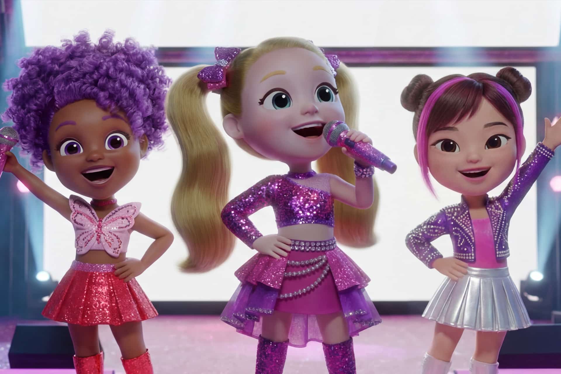 Three animated girls in colorful, sparkly outfits perform on stage, shining like stars from a Prime Video AI show. One sings into a microphone while the others pose with big smiles under bright lights.
