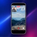 A smartphone display showcases a video call with Dual Capture, featuring a man in a small window and a scenic mountain landscape in the main view, set against a blue and purple gradient background with an Apple logo, highlighting iPhone 17 Camera capabilities.