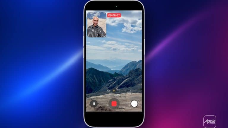 A smartphone display showcases a video call with Dual Capture, featuring a man in a small window and a scenic mountain landscape in the main view, set against a blue and purple gradient background with an Apple logo, highlighting iPhone 17 Camera capabilities.