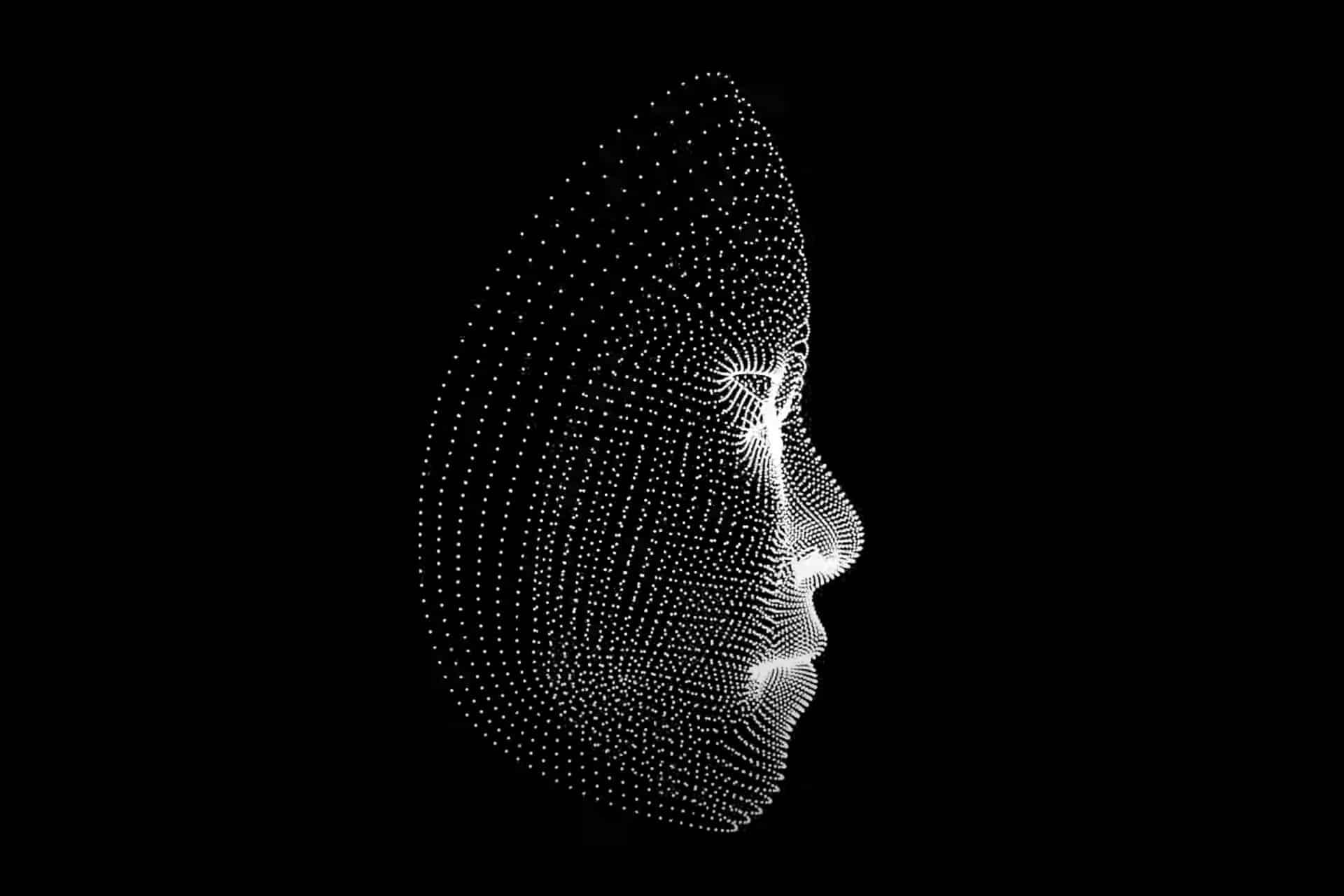 A digital illustration of a human face in profile, composed of white dots forming a 3D mesh against a black background, evokes a futuristic and abstract appearance—perfect for representing Face ID app lock technology.