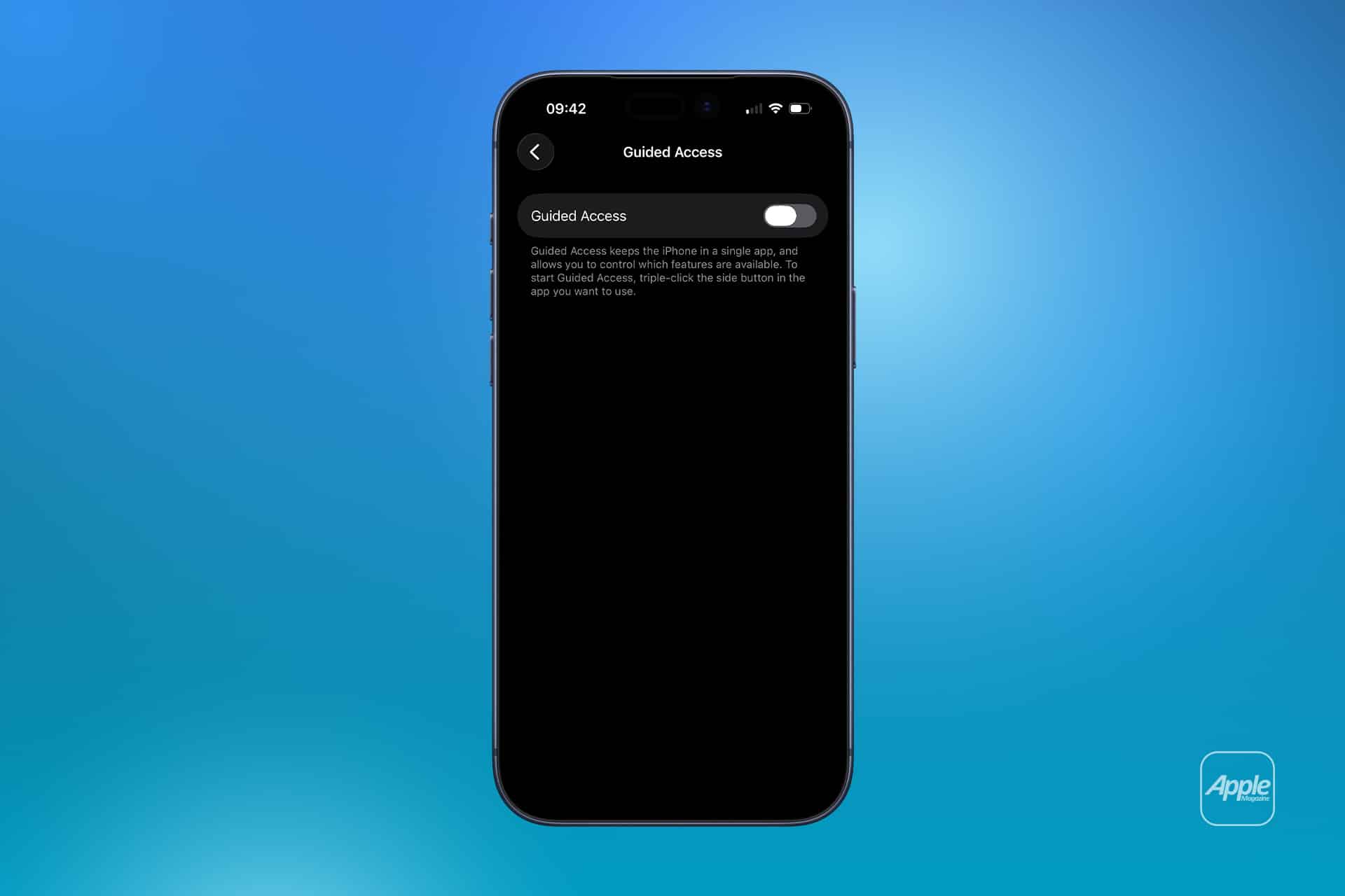 An iPhone screen displays the "Guided Access" settings, with the feature turned off—ideal for those using Face ID app lock. The background features a blue gradient with a small Apple logo in the bottom right corner.