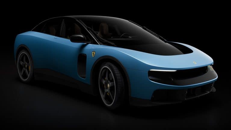 A sleek, blue sports car with a matte finish, black accents, and tinted windows, shown on a black background. Aerodynamic curves hint at Jony Ive-inspired design, while a prominent grille and yellow badge evoke the innovative Ferrari Luce spirit.