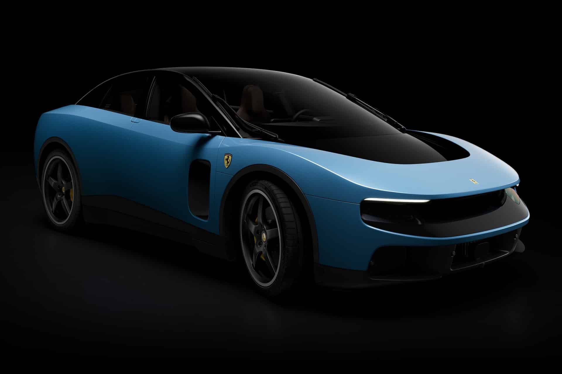 A sleek, blue sports car with a matte finish, black accents, and tinted windows, shown on a black background. Aerodynamic curves hint at Jony Ive-inspired design, while a prominent grille and yellow badge evoke the innovative Ferrari Luce spirit.