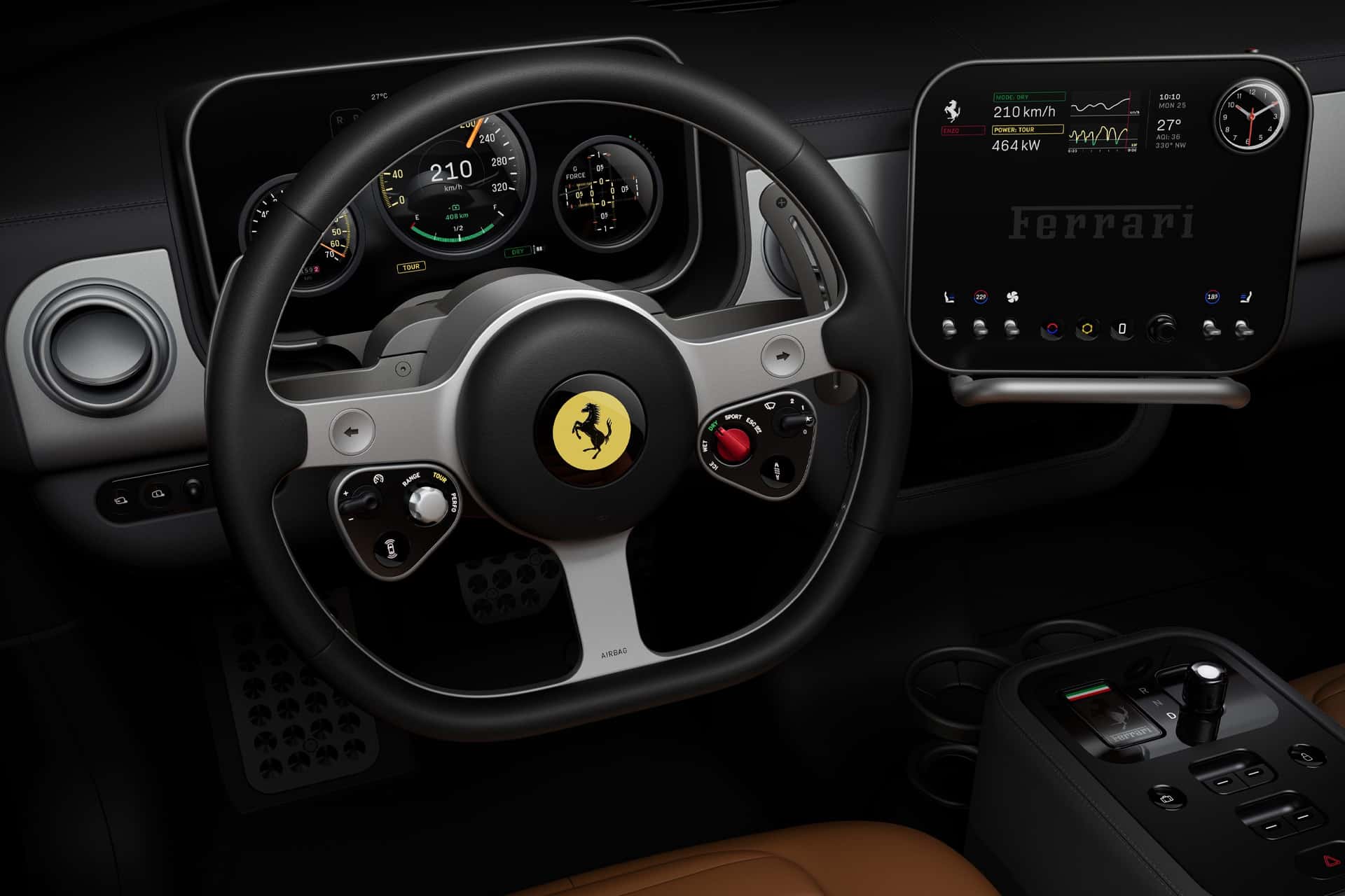 Close-up view of a Ferrari interior featuring a leather-wrapped steering wheel with the Ferrari logo, digital dashboard, touch screen display with Ferrari Luce CarPlay, and brown leather seat and center console inspired by Jony Ive’s design legacy.