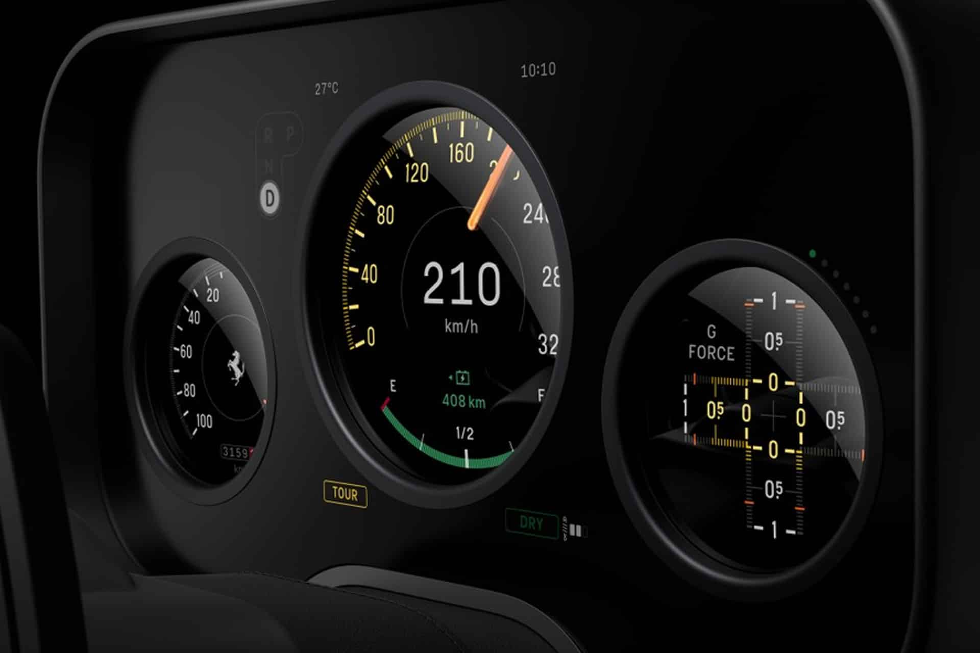 Close-up of a car’s digital dashboard, inspired by Jony Ive, showing a speedometer at 210 km/h, fuel gauge, temperature, and performance indicators with black background and yellow-green accents—reminiscent of Ferrari Luce design.