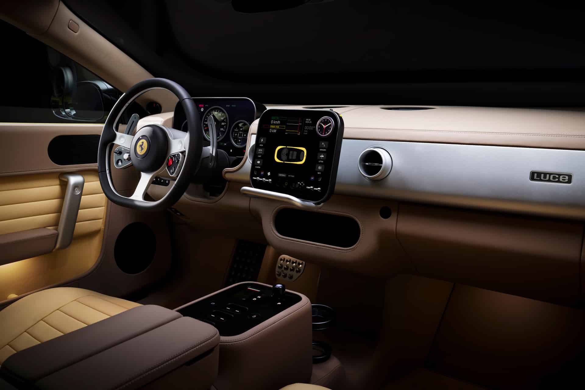 A modern car interior inspired by Jony Ive, featuring tan leather seats and panels, a digital dashboard, a large central touchscreen display with Ferrari Luce CarPlay, and "LUCE" displayed on the passenger side of the dashboard.