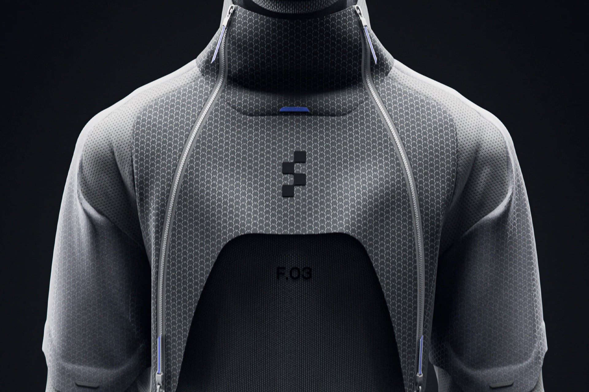 A close-up of a futuristic, textured grey suit with a high collar and geometric patterns, covering the torso and neck of a faceless figure. Blue accents, zippers, and the label "F.03" hint at Apple robotics innovation after the Figure AI acquisition.