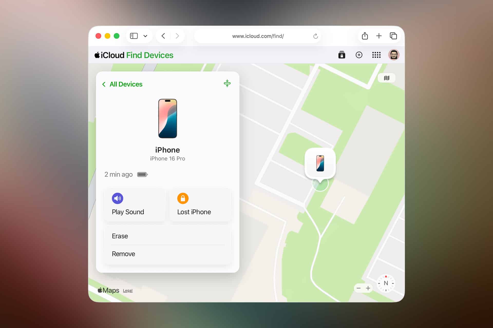 A screenshot of the iCloud Find Devices page showing the location of an iPhone 15 Pro on a map, highlighting iPhone anti-snatching features like play sound, mark as lost, erase, or remove the device.