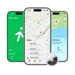Three smartphones display Apple’s Private Find My app, showing location tracking for keys and a backpack on colorful maps. An AirTag device is pictured in front of the phones.