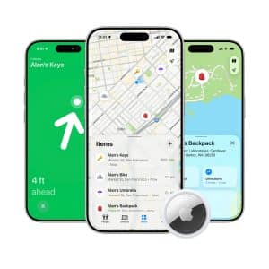 Three smartphones display Apple’s Private Find My app, showing location tracking for keys and a backpack on colorful maps. An AirTag device is pictured in front of the phones.