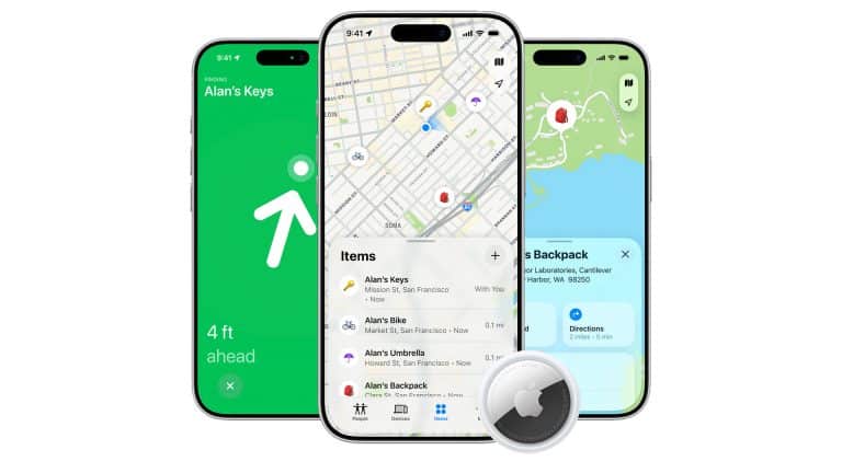 Three smartphones display Apple’s Private Find My app, showing location tracking for keys and a backpack on colorful maps. An AirTag device is pictured in front of the phones.