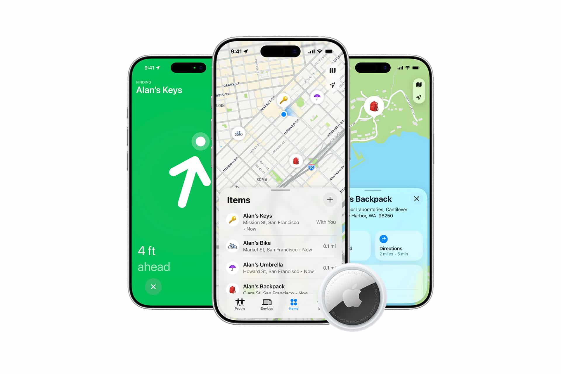 Three smartphones display Apple’s Private Find My app, showing location tracking for keys and a backpack on colorful maps. An AirTag device is pictured in front of the phones.