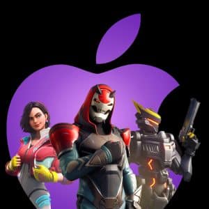 Three Fortnite characters stand confidently before a large, purple Apple logo on a black background, blending iconic Fortnite style with the App Store branding for a striking crossover image.