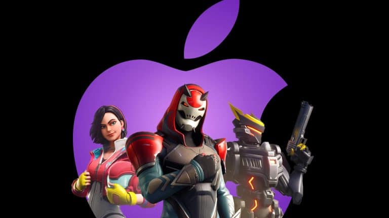Three Fortnite characters stand confidently before a large, purple Apple logo on a black background, blending iconic Fortnite style with the App Store branding for a striking crossover image.