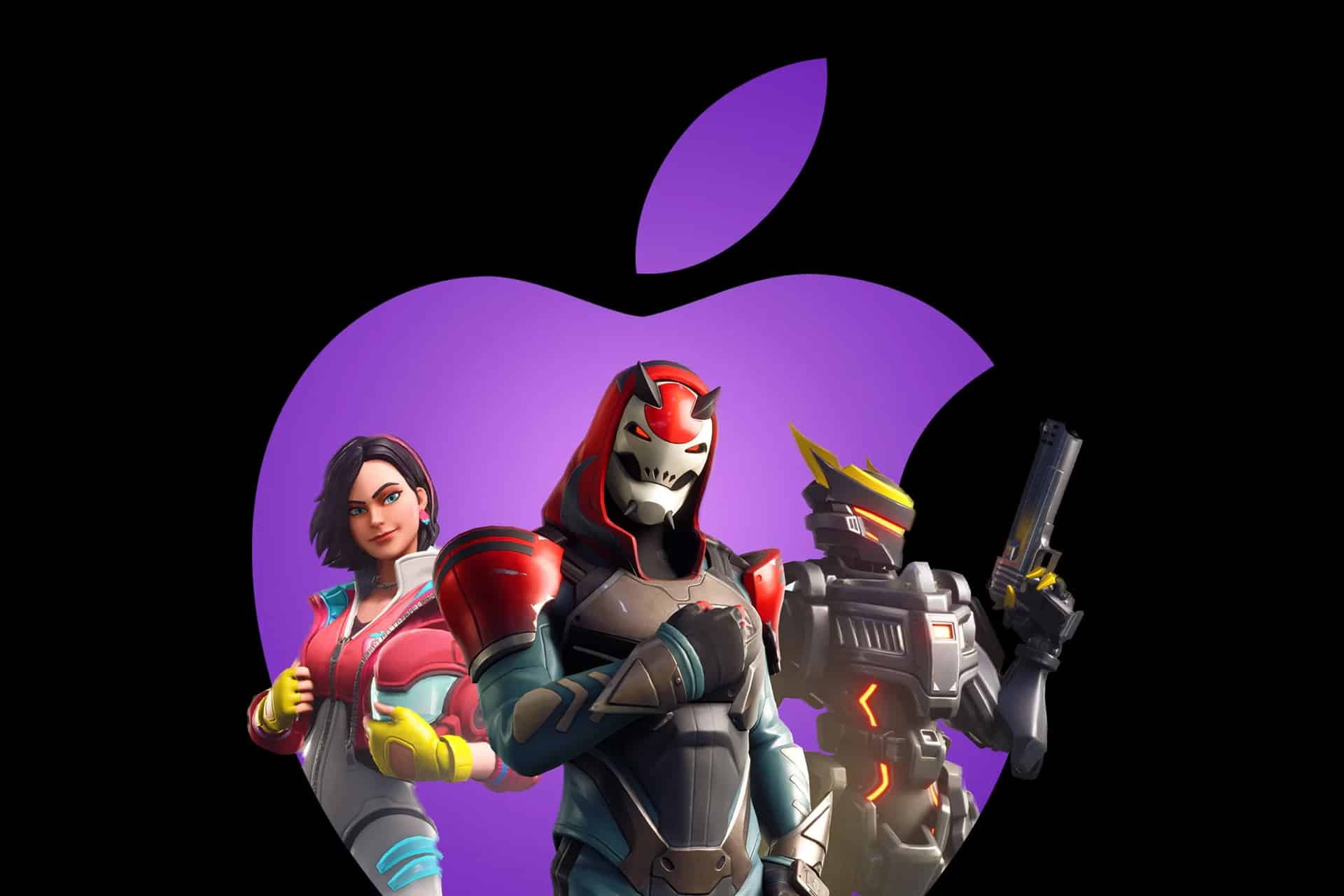 Three Fortnite characters stand confidently before a large, purple Apple logo on a black background, blending iconic Fortnite style with the App Store branding for a striking crossover image.