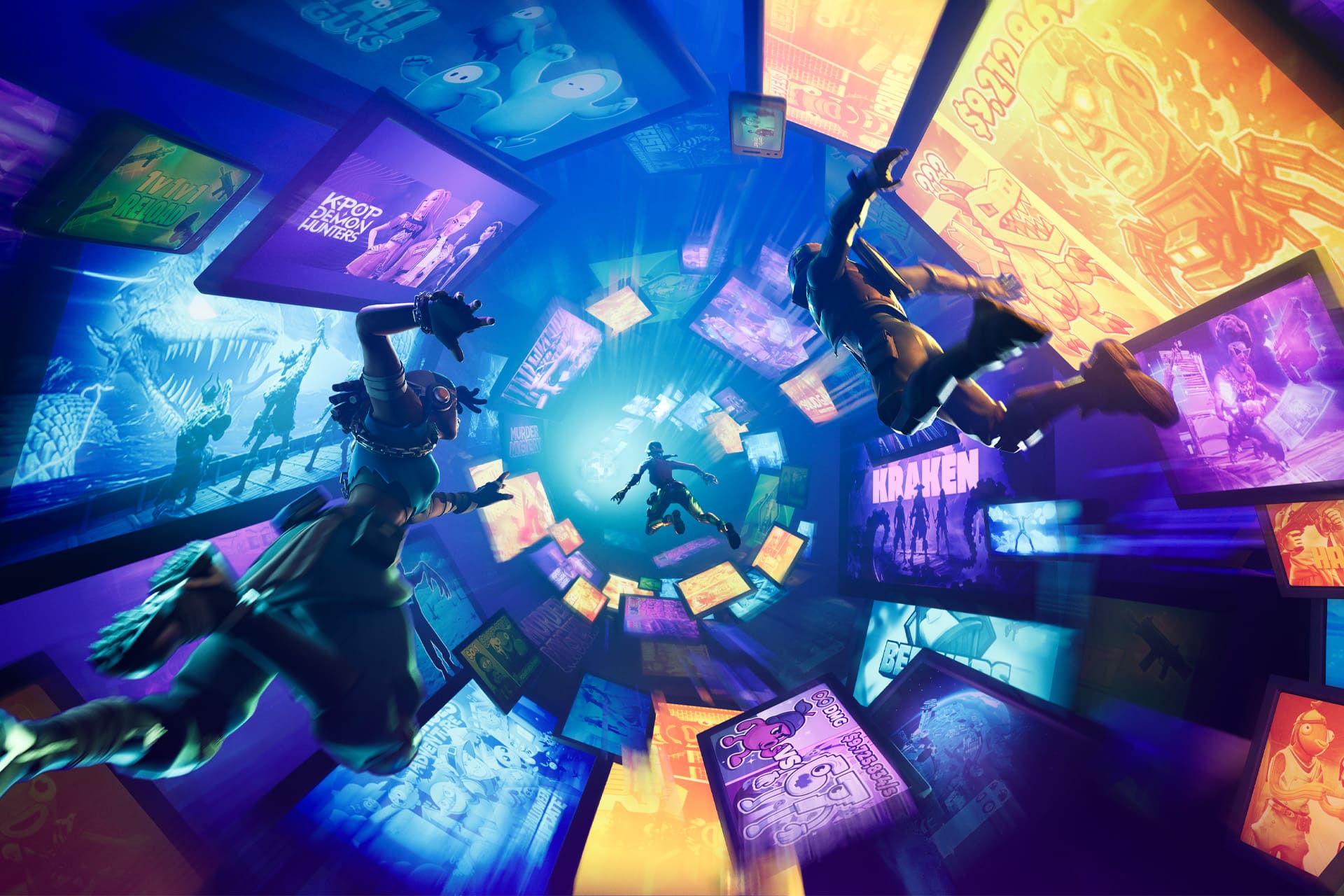 Three animated characters skydive through a swirling vortex lined with vibrant panels featuring apple games, Fortnite, comics, and pop culture references, creating a dynamic, colorful, and energetic scene.