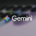 The word "Gemini" with a colorful star logo appears over a blurred close-up of a smartphone camera, hinting at Gemini on iPhone, with a faint Apple logo in the bottom right corner.