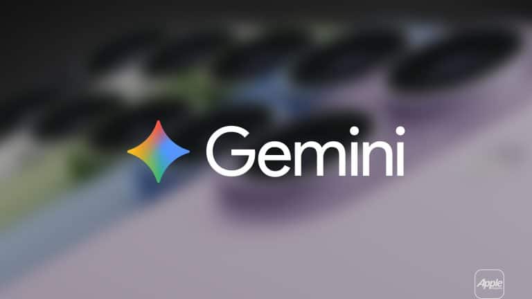 The word "Gemini" with a colorful star logo appears over a blurred close-up of a smartphone camera, hinting at Gemini on iPhone, with a faint Apple logo in the bottom right corner.