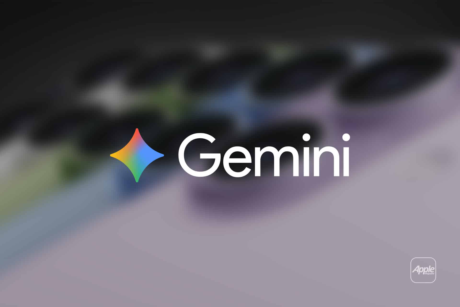 The word "Gemini" with a colorful star logo appears over a blurred close-up of a smartphone camera, hinting at Gemini on iPhone, with a faint Apple logo in the bottom right corner.