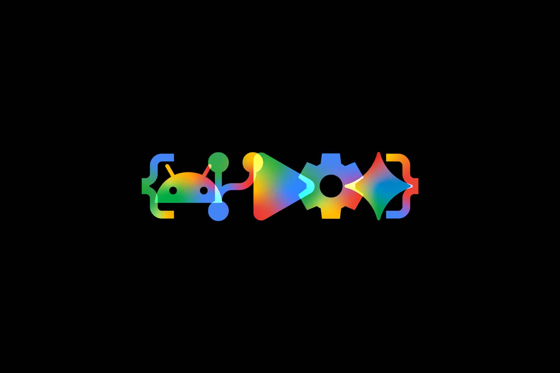 A colorful, stylized logo on a black background featuring Android, Flutter, and Dart symbols—plus a nod to the DuckDuckGo iPhone app—all connected by code brackets and rendered in a vibrant gradient.