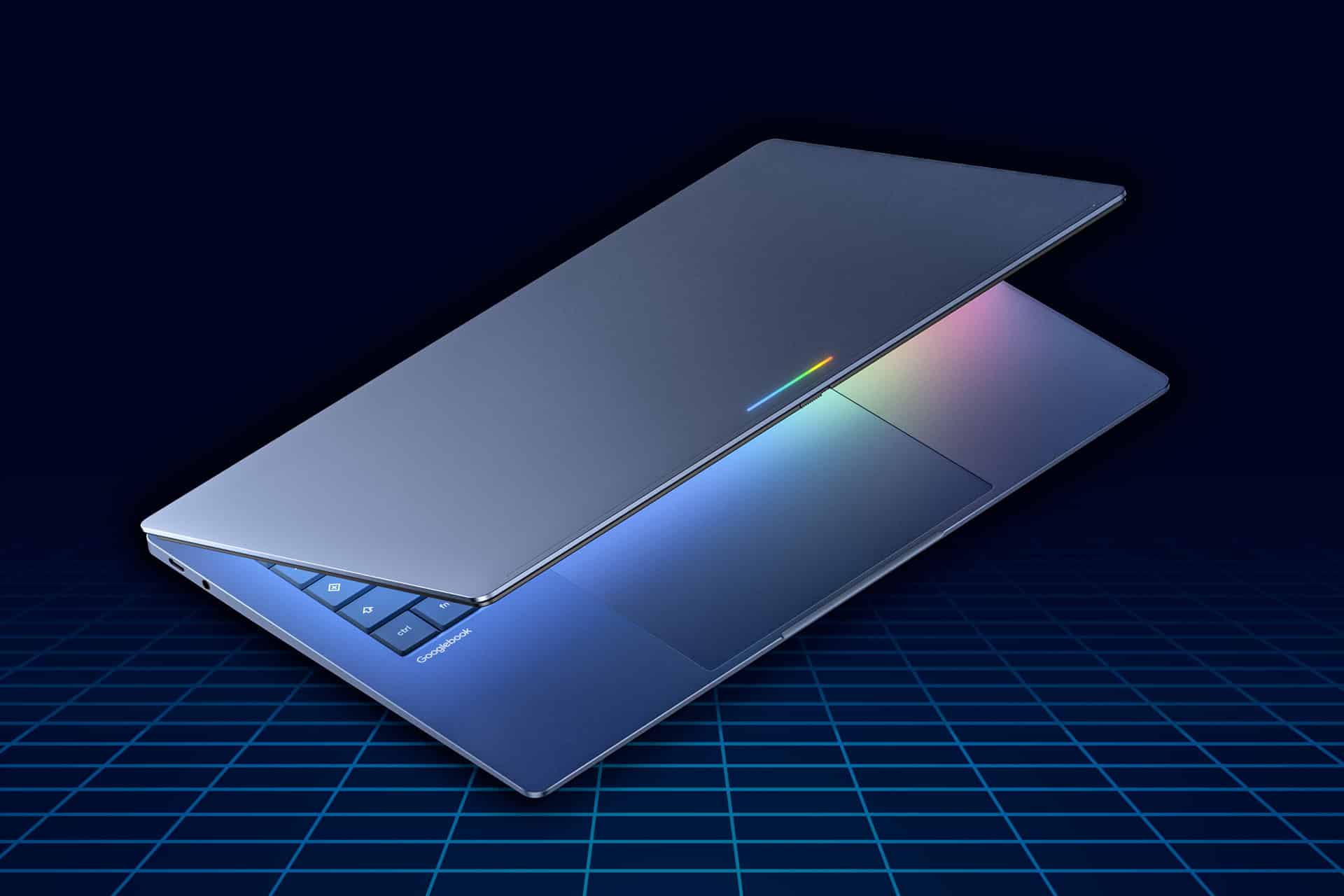 A sleek, partially closed MacBook Neo with a glowing multicolor LED strip on the lid, set against a dark blue grid background. The design is modern and futuristic, perfect for those exploring the MacBook Neo vs Googlebook debate.