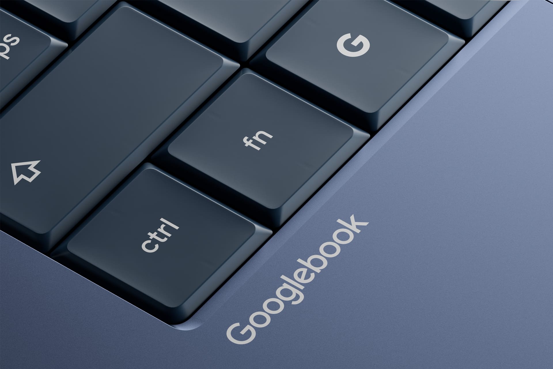 Close-up of a dark blue keyboard labeled "Googlebook," showcasing keys like “ctrl,” “fn,” and “G”—a sleek contender in the MacBook Neo vs Chromebook landscape.
