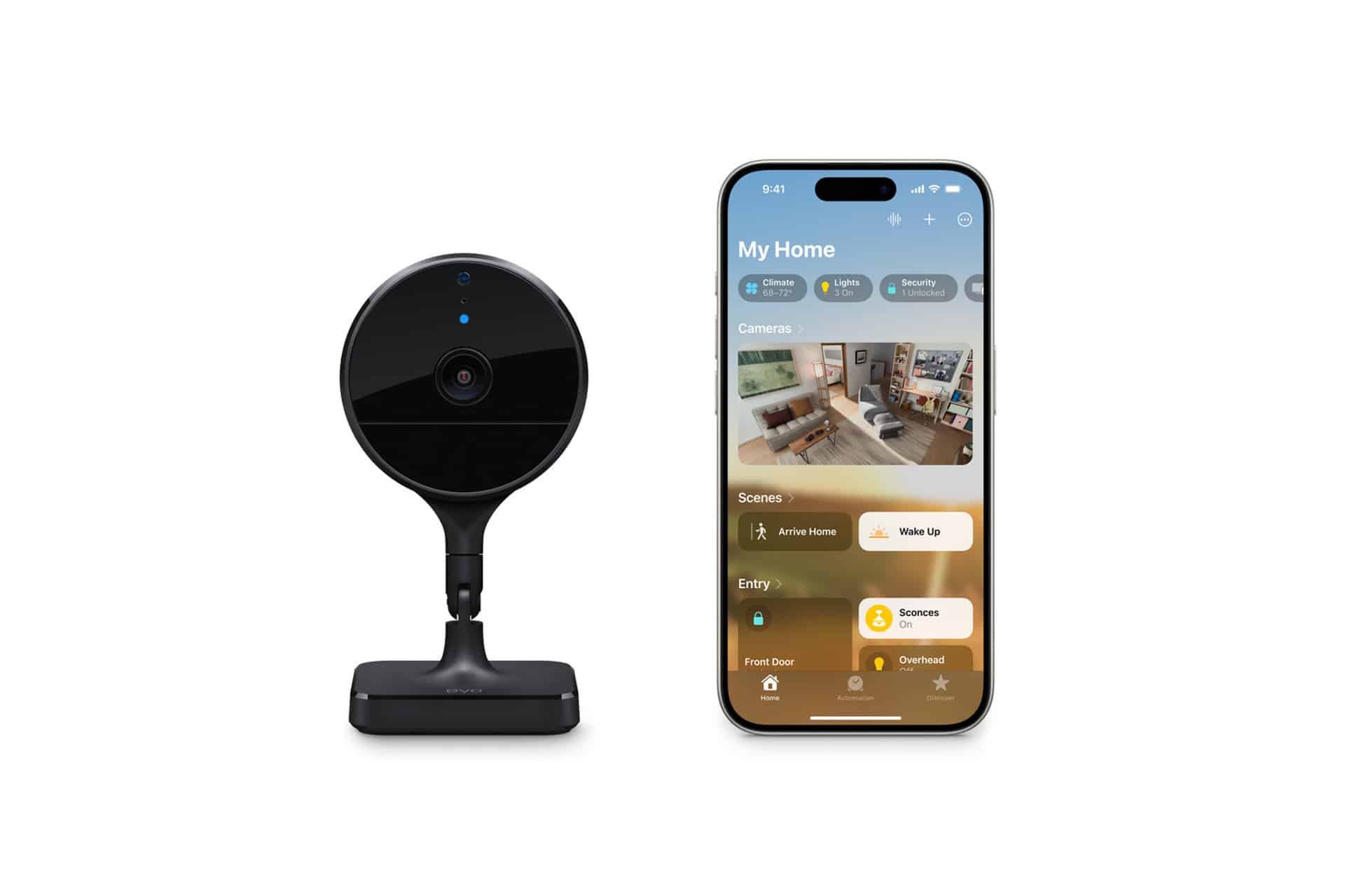 A black smart home security camera sits next to a smartphone displaying a live video feed of a living room and Home Activity Zones, along with various smart home controls on the monitoring app.