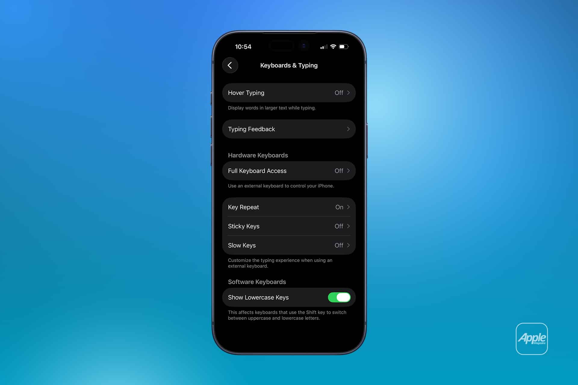 An iPhone displays the "Keyboards & Typing" accessibility settings, highlighting features like Hover Typing, Typing Feedback, Full Keyboard Access, and Key Repeat on a sleek blue gradient background.