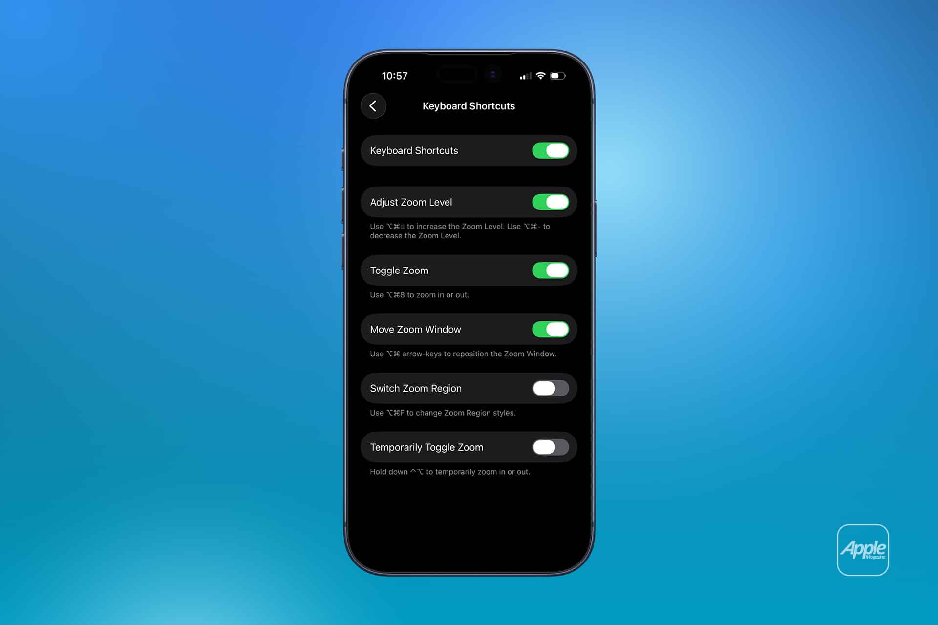 An iPhone displaying the Keyboard Shortcuts and Hover Typing settings for Zoom accessibility features, with various toggles enabled or disabled, on a blue gradient background and a small Apple logo in the corner.