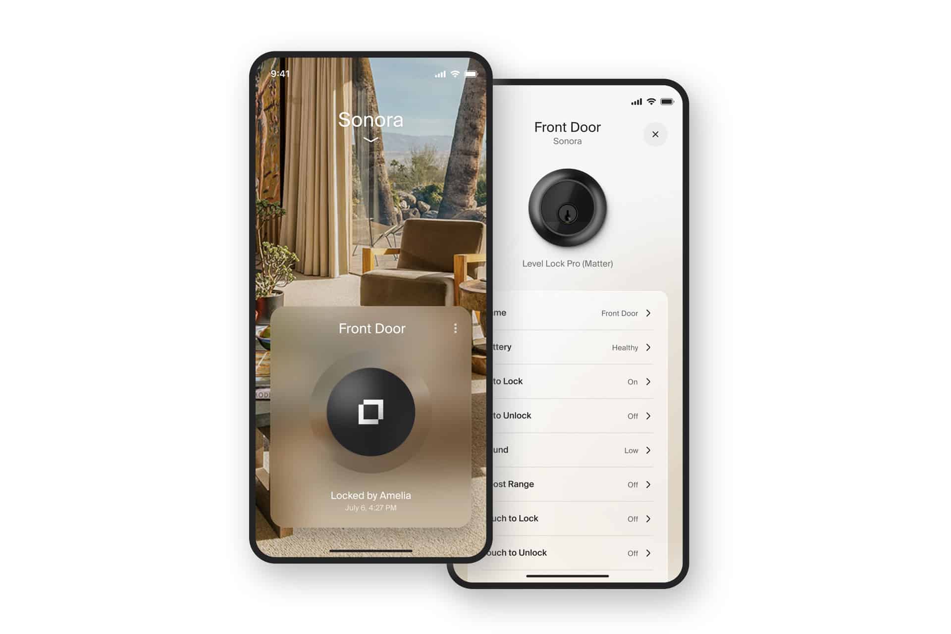 Two smartphones display a HomeKit smart locks app: one shows a living room with a "Front Door Locked" status, while the other lists lock settings and status details for the front door.