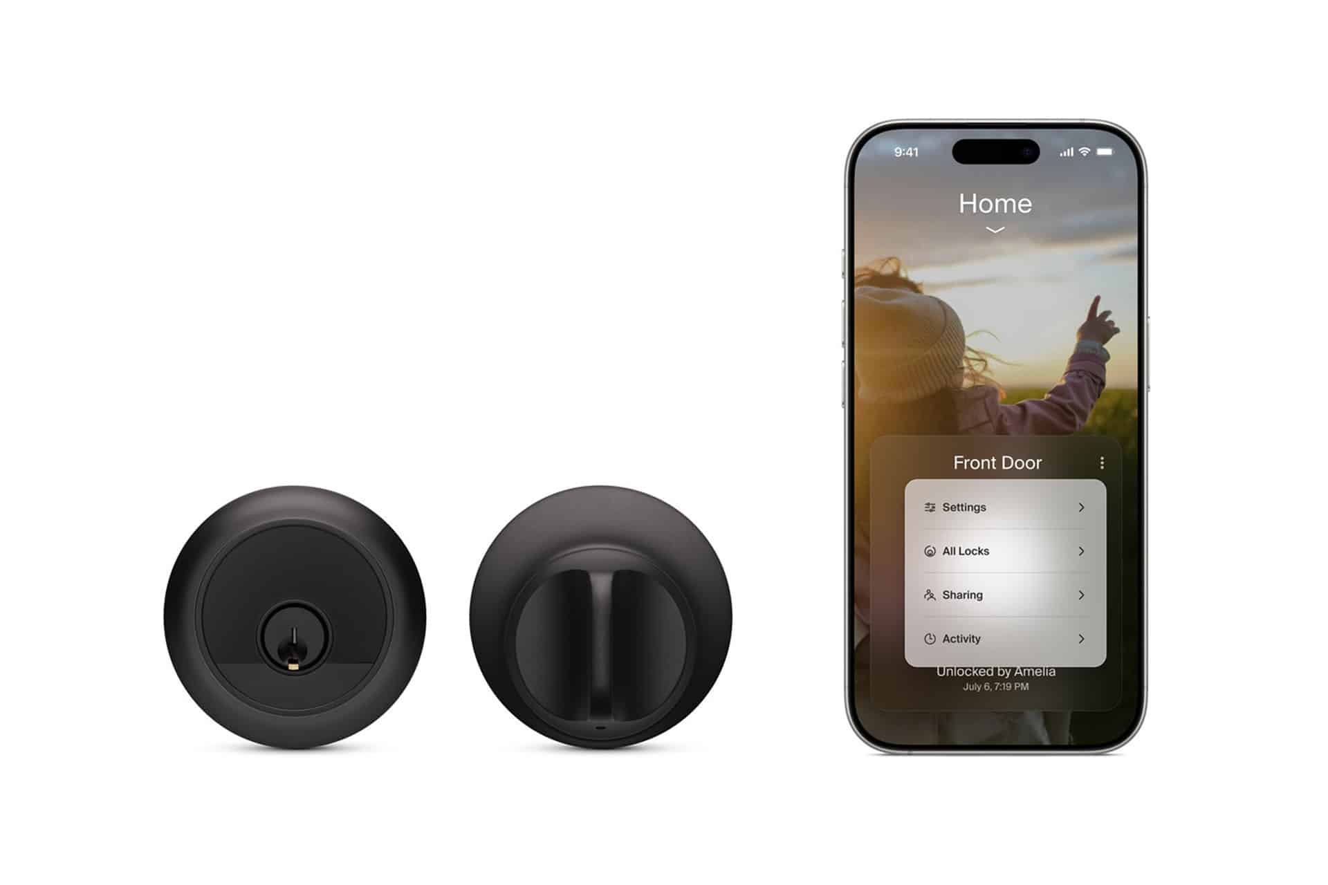 A black HomeKit smart lock is shown from front and back angles, next to a smartphone displaying a home security app interface with lock status and settings options on the screen.