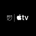 A black background features the Major League Soccer (MLS) logo on the left and the Apple TV logo, home to Peanuts Apple TV shows, on the right, separated by a vertical white line.