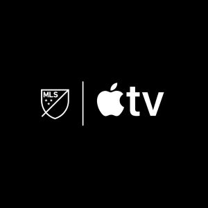 A black background features the Major League Soccer (MLS) logo on the left and the Apple TV logo, home to Peanuts Apple TV shows, on the right, separated by a vertical white line.