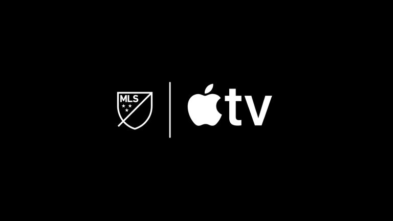 A black background features the Major League Soccer (MLS) logo on the left and the Apple TV logo, home to Peanuts Apple TV shows, on the right, separated by a vertical white line.