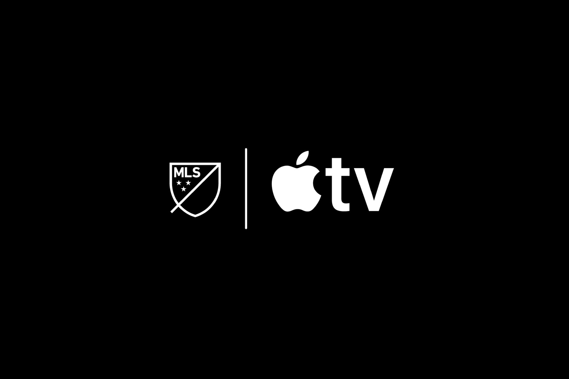 A black background features the Major League Soccer (MLS) logo on the left and the Apple TV logo, home to Peanuts Apple TV shows, on the right, separated by a vertical white line.