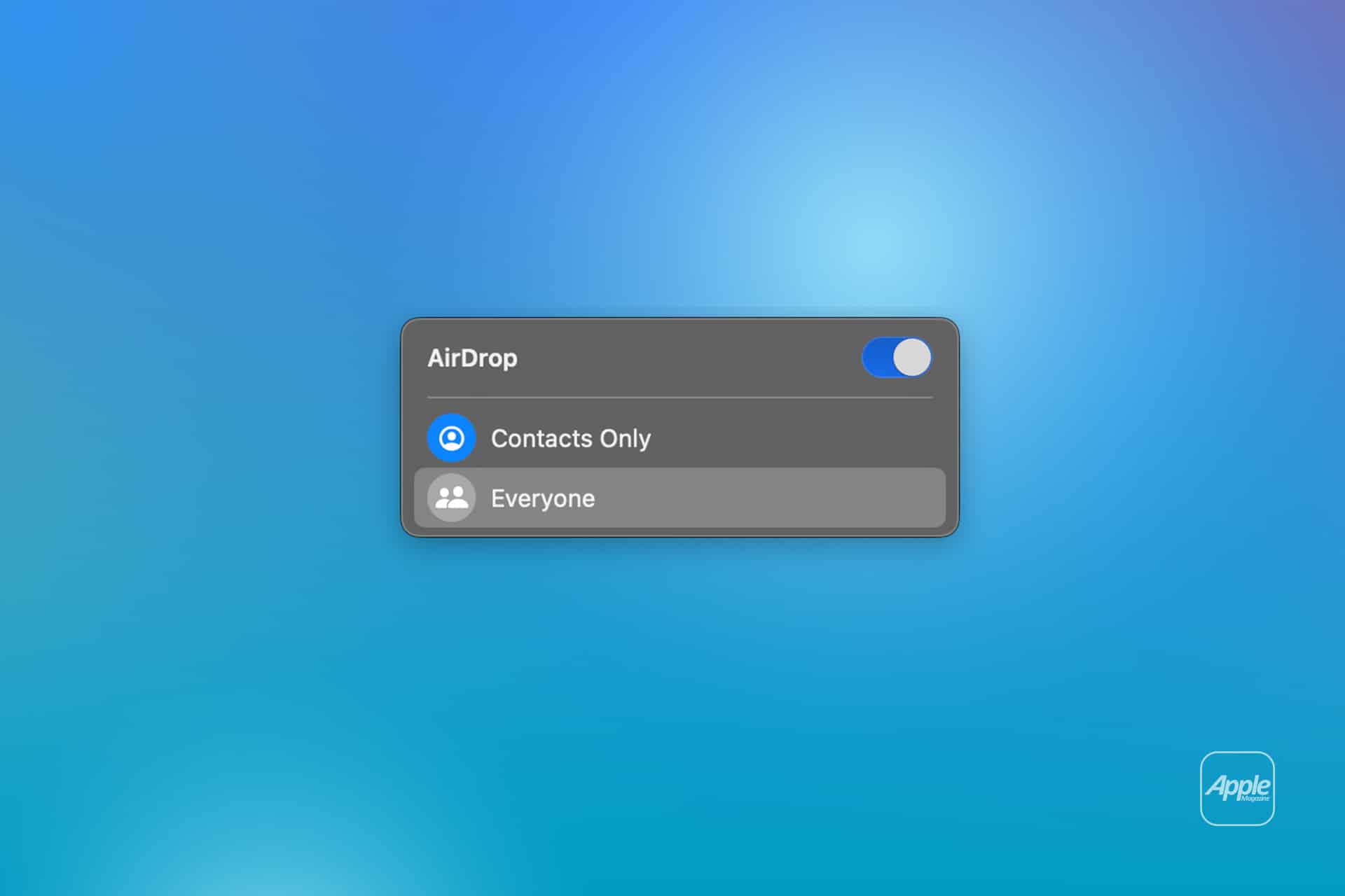 A settings pop-up for Mac AirDrop appears on a blue gradient background. “Contacts Only” is selected, with “Everyone” as another option. The AirDrop toggle is switched on, and an Apple logo sits in the bottom right corner.
