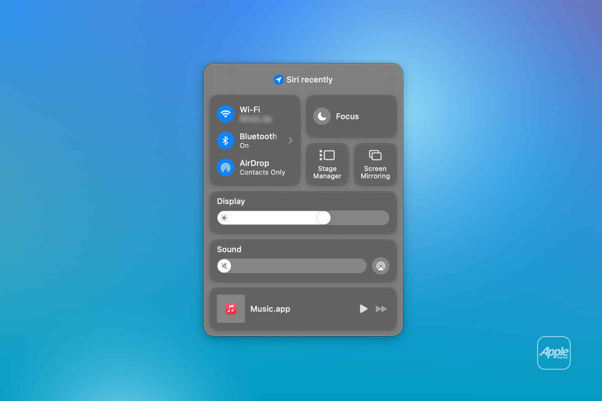 A MacOS-style control center is displayed on a blue gradient background, showing toggles for Wi-Fi, Bluetooth, Mac AirDrop, Focus, brightness, volume, and music playback, with an Apple logo in the lower right corner.