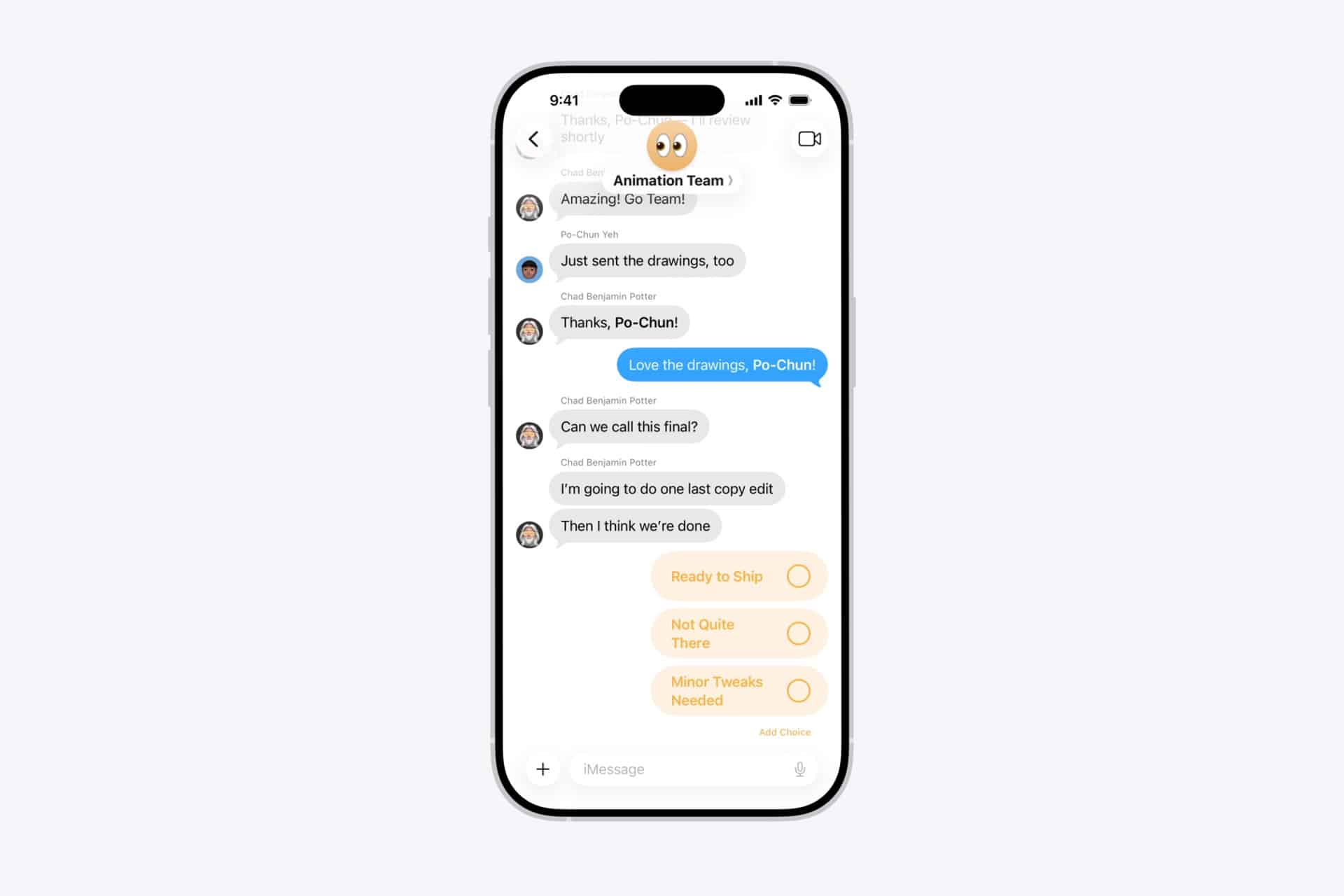 Messages polls - A smartphone screen displays a group chat about animation progress, featuring blue and gray message bubbles, messages polls, and three task status buttons labeled "Ready to Ship," "Not Quite There," and "Minor Tweaks Needed" on the right.