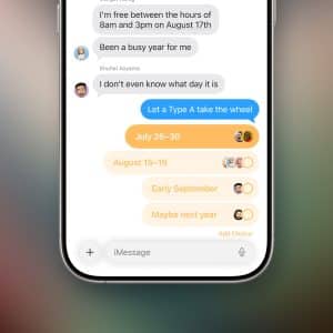 A smartphone screen displays a Messages polls group chat planning an event, with poll options for dates shown in yellow bubbles: July 26–30, August 15–19, Early September, and Maybe next year.
