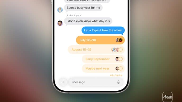 A smartphone screen displays a Messages polls group chat planning an event, with poll options for dates shown in yellow bubbles: July 26–30, August 15–19, Early September, and Maybe next year.