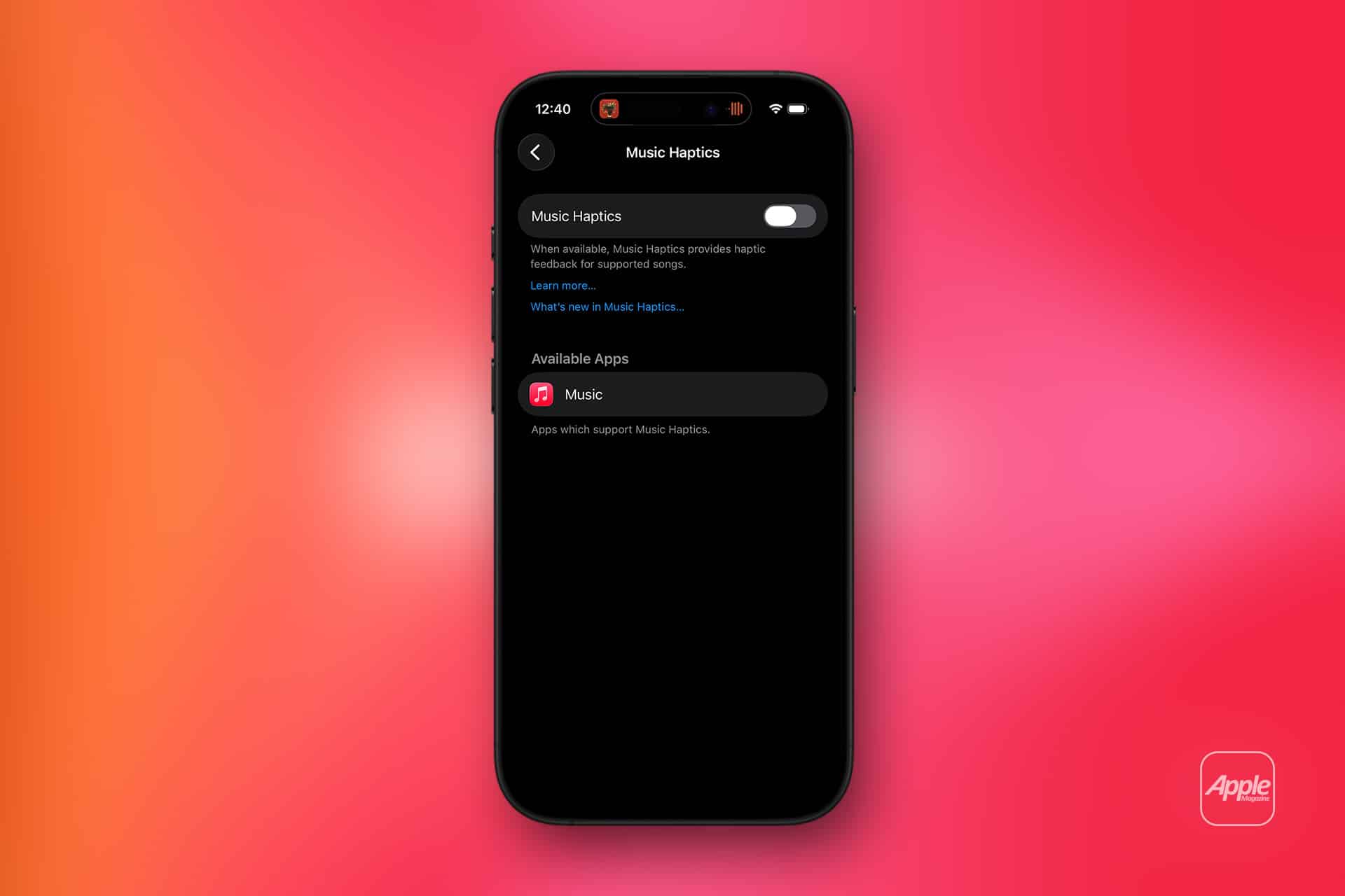 An iPhone screen displays the Music Haptics settings with the Music Haptics option toggled off. The background features a pink-to-orange gradient and a small Apple logo in the bottom right corner.