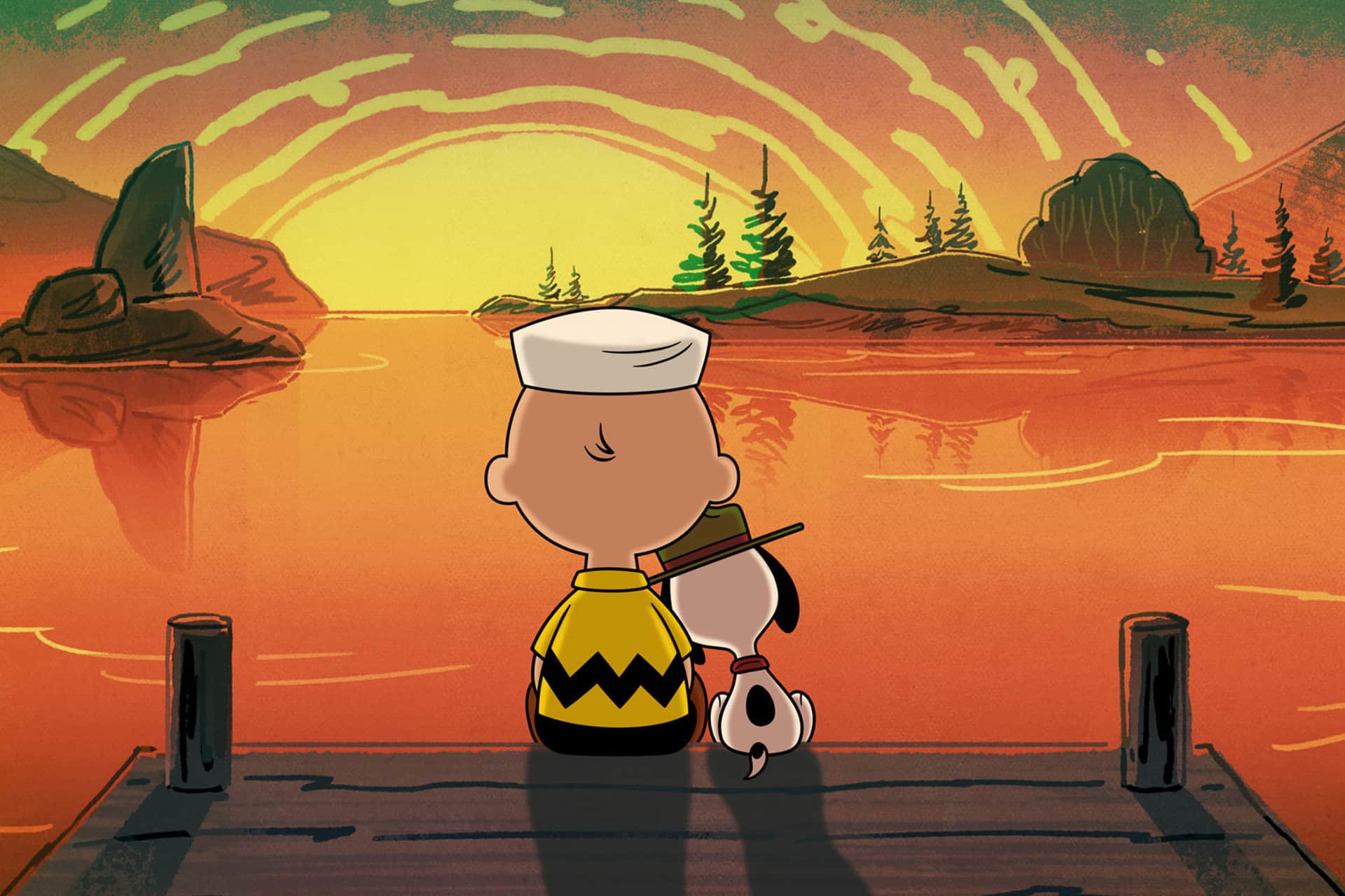 Camp Snoopy season 2 - A Peanuts-style cartoon boy and his dog sit on a dock, watching a glowing sunset over a calm lake. The boy wears a zigzag shirt and sailor hat, just like in Peanuts Apple TV specials, while the dog rests its head on his shoulder.