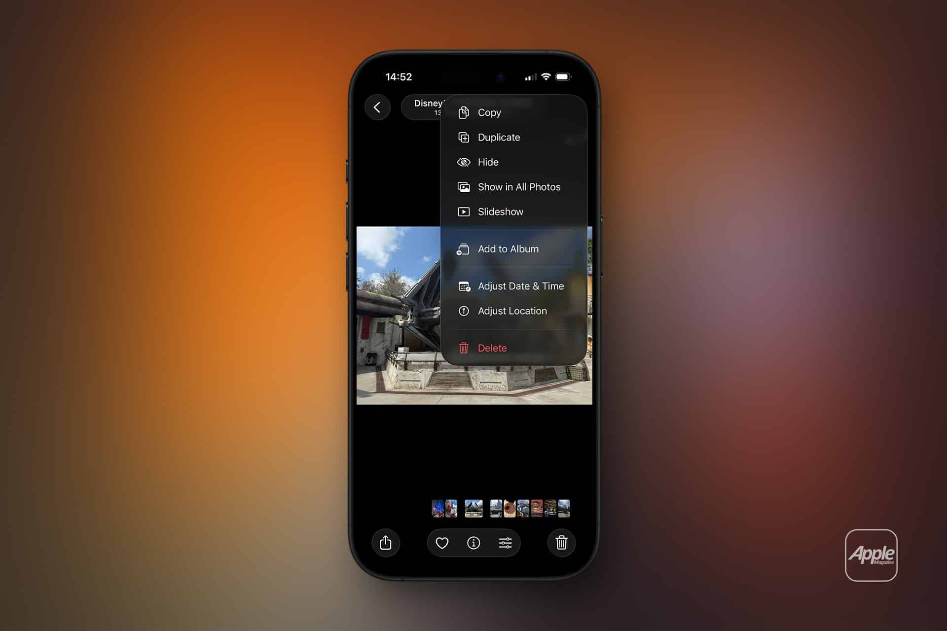 A smartphone displaying the Photos app with an image options menu open, including iPhone photo cleanup actions like Copy, Duplicate, Hide, Slideshow, Add to Album, Adjust Date & Time, Adjust Location, and Delete over a blurred orange background.