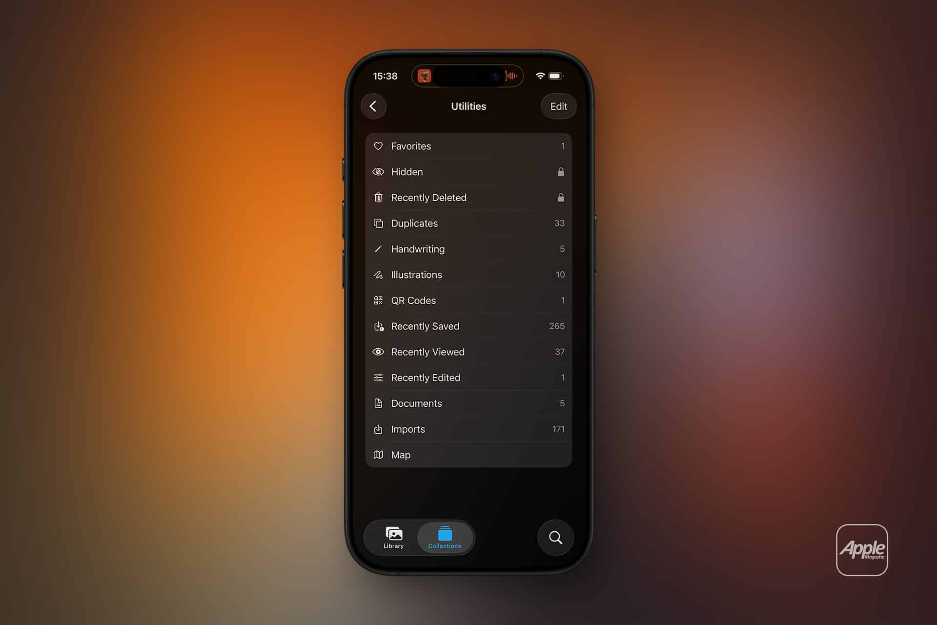 A smartphone displays the "Utilities" section of the Photos app in dark mode, highlighting iPhone photo cleanup tools like Favorites, Hidden, Recently Deleted, Duplicates, Handwriting, and QR Codes. The background features a blurred orange gradient.