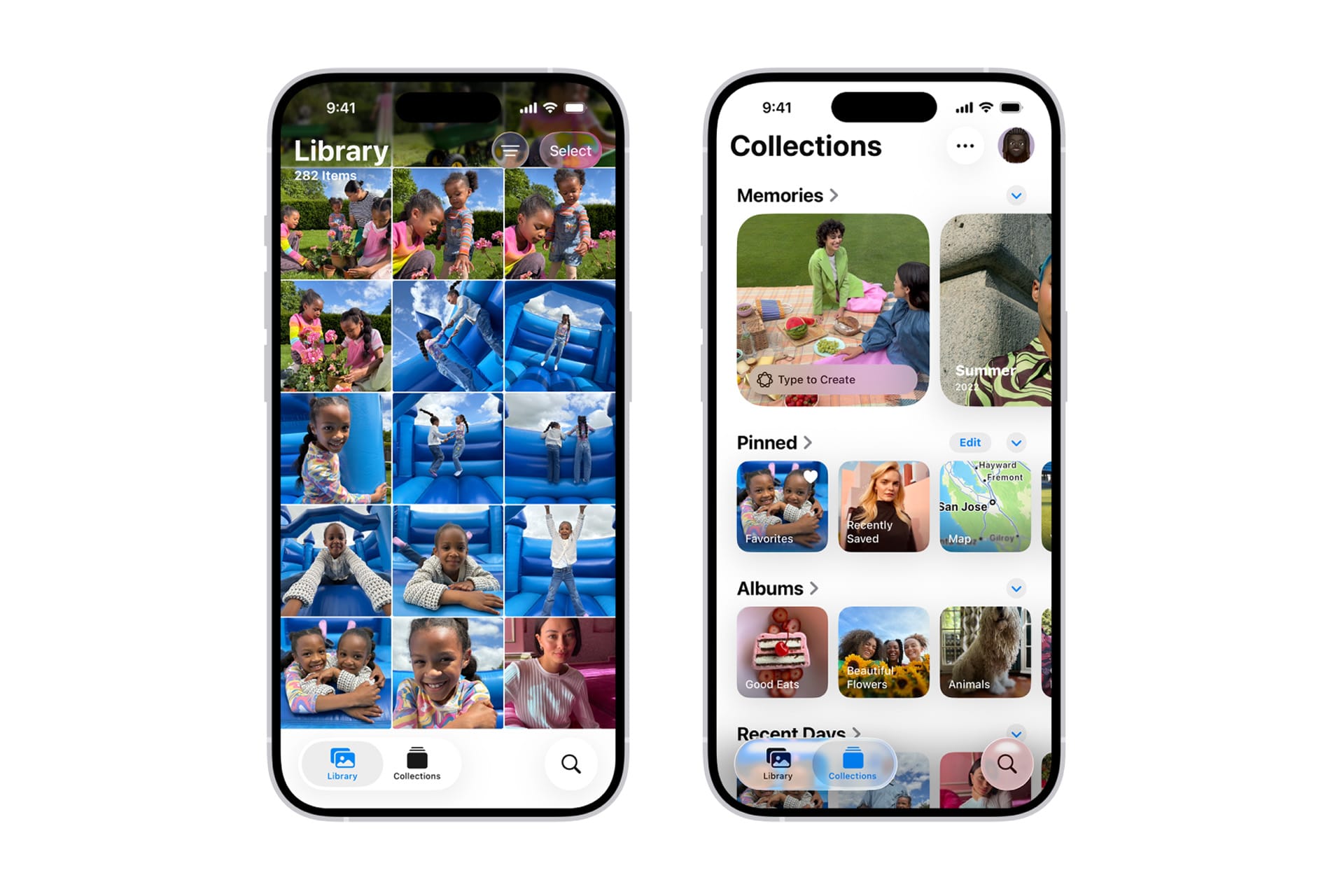 Two smartphones display the iOS 26 Photos layout: the left screen shows a grid of outdoor family photos, while the right screen highlights categories like “Memories,” “Pinned,” “Albums,” and “Recent Days.”.